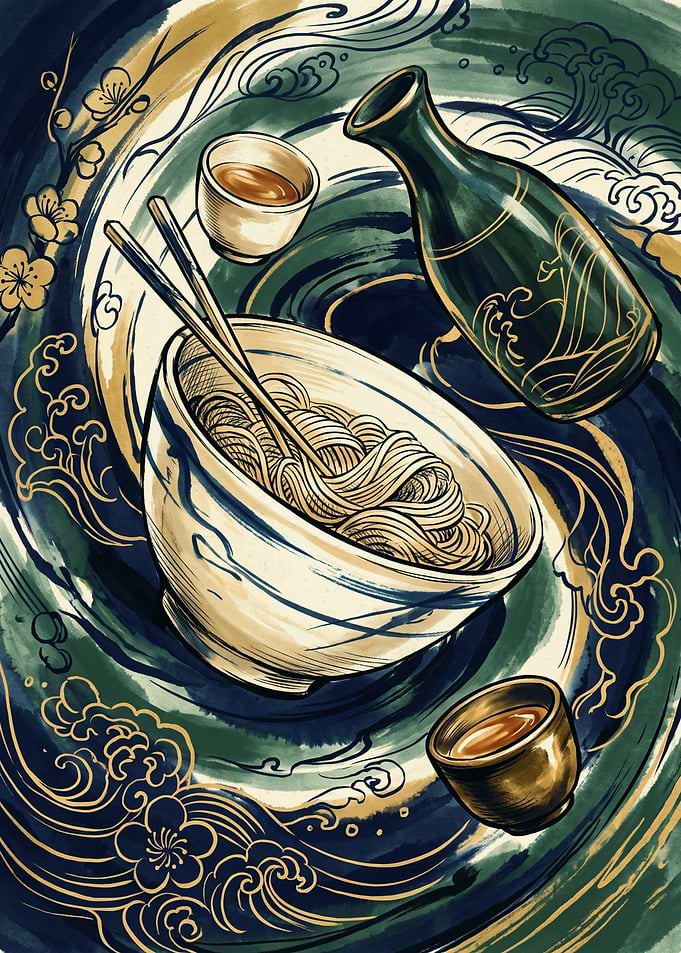 Japanese Ramen Bowl Ukiyo E Art Print Noodles Sake Bottle Traditional Food Aesthetic