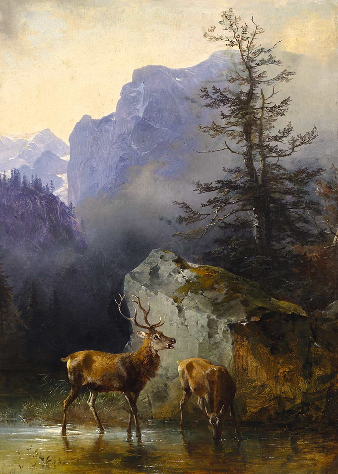Deer at the Watering Place Painting by Friedrich Gauerman