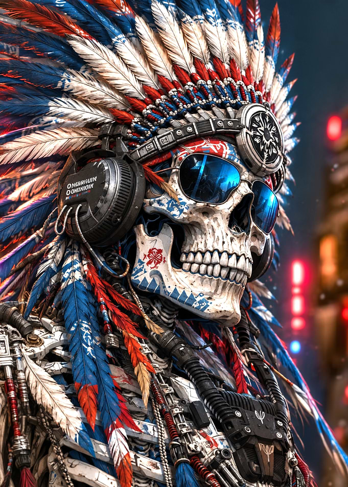 Cyberpunk Skull with Native Headdress