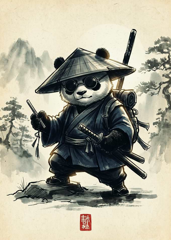 Samurai Panda Japanese Ink Wash Painting Art Print Asian Animal Warrior Poster Design