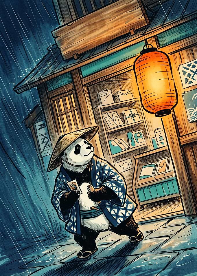 Samurai Panda Japanese Ukiyo E Art Print Rainy Night Lantern Shop Vintage Wall Poster