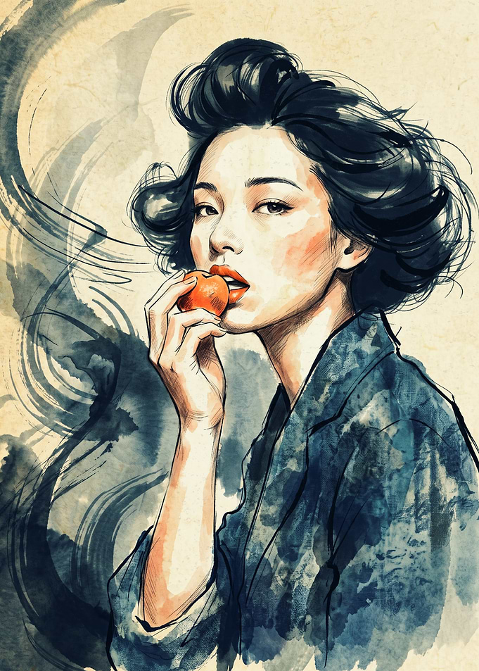Asian Woman Portrait Japanese Ink Wash Painting Elegant Peach Fruit Eating Wall Art Poster