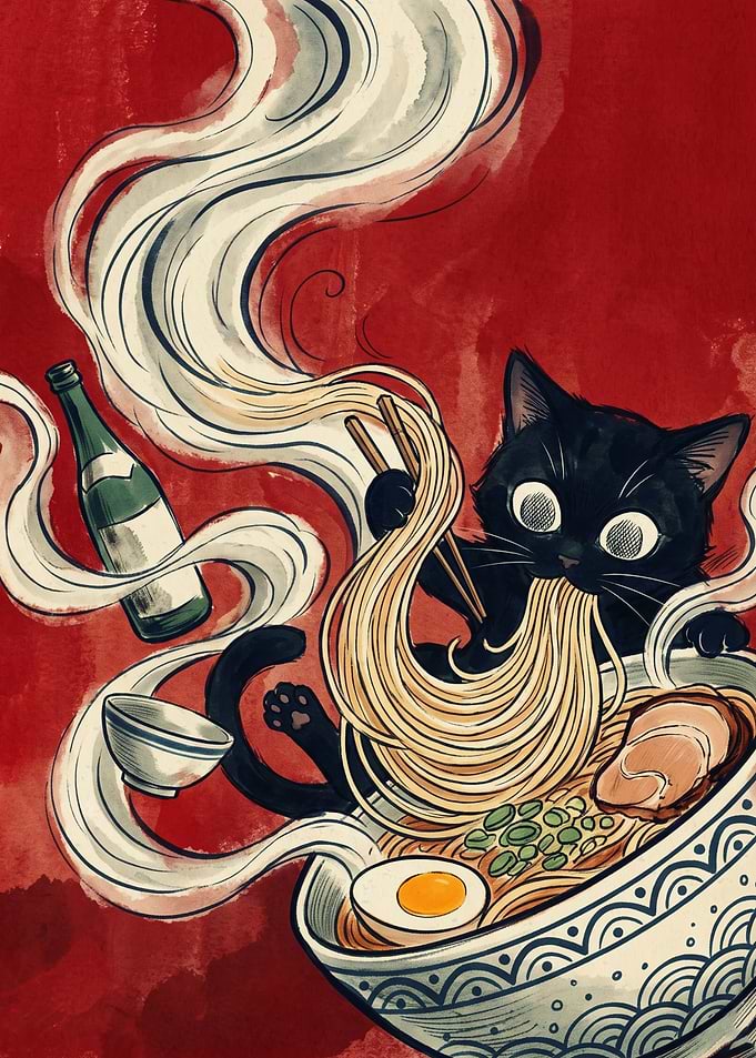 Black Cat Ramen Japanese Ukiyo E Art Print Slurping Noodles Red Background Kitchen Decor