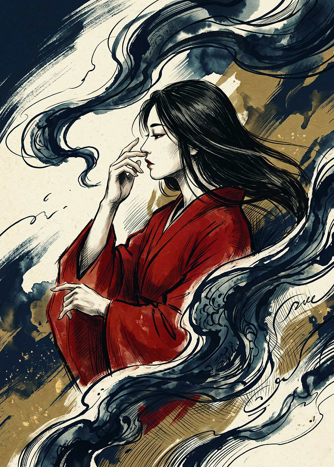 Japanese Woman Kimono Ink Wash Art Dark Fantasy Smoke Aesthetic Print Wall Poster