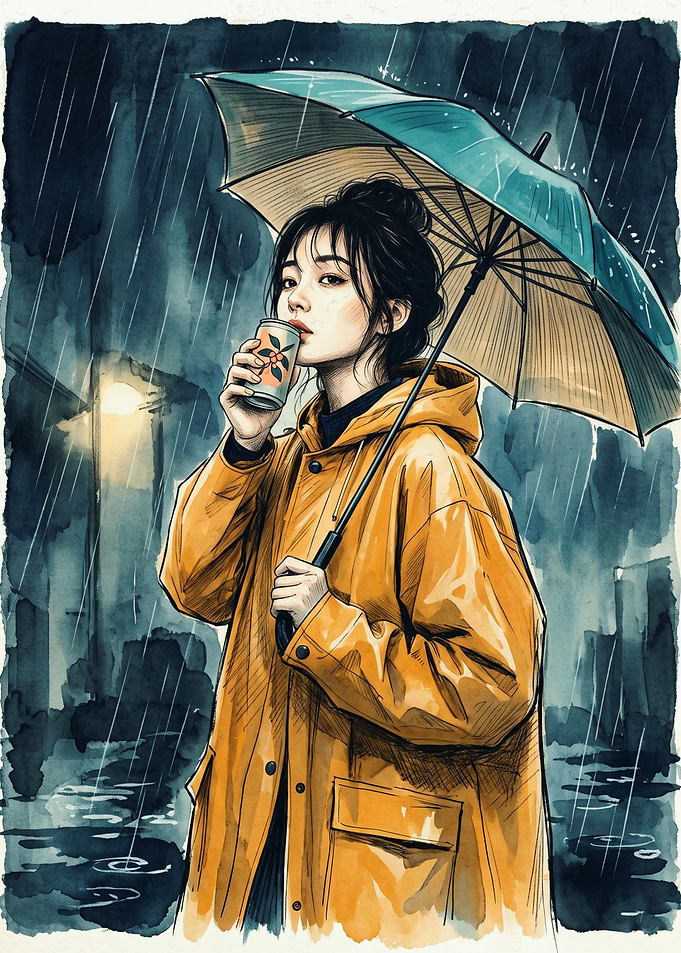 Anime Girl Raincoat Watercolor Art Rainy Night Umbrella Drinking Can Illustration Poster