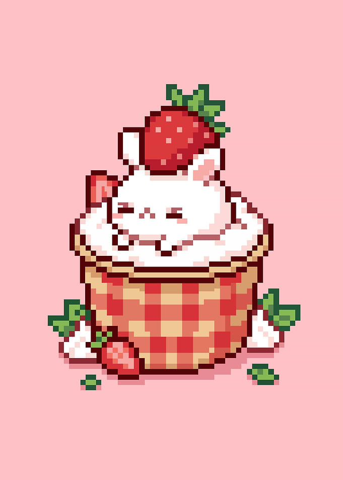 Cute Pixel Art Strawberry Bunny Cupcake