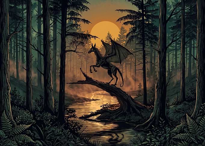 Dragon Perched on Log in Forest