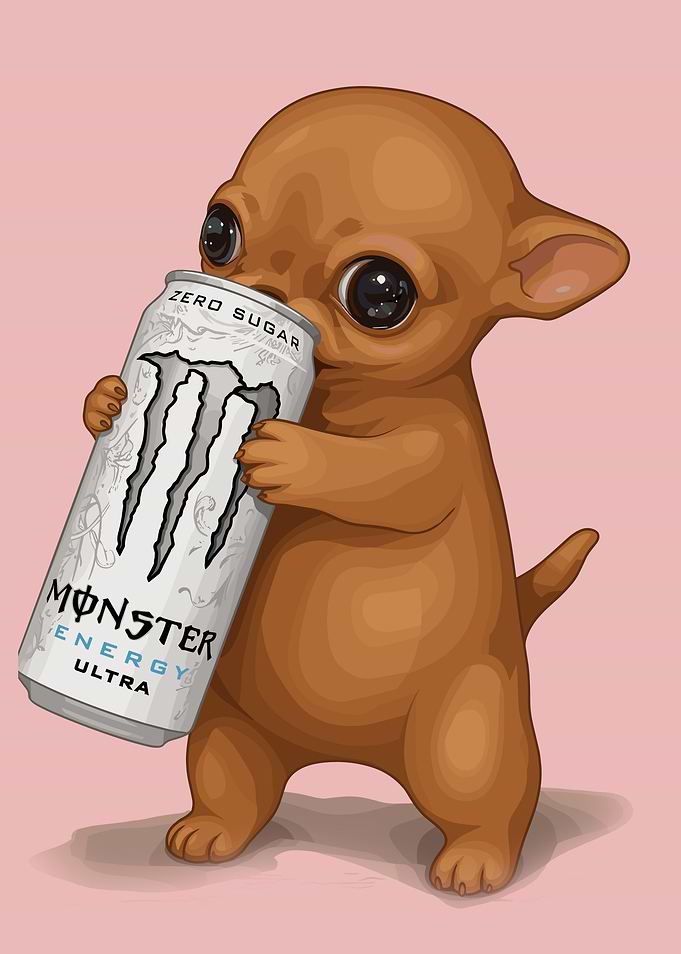 Cute puppy drinking Monster Energy
