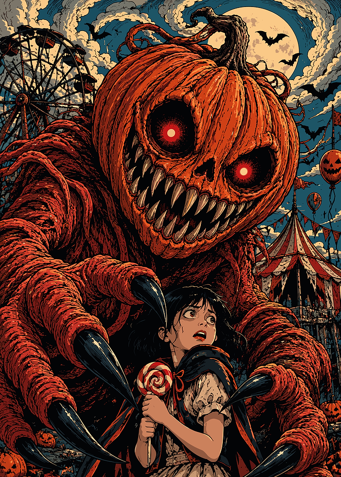 Terrifying Pumpkin Monster and Girl