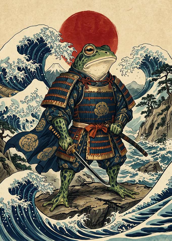 Samurai Frog Ukiyo E Art Print Japanese Wave Red Sun Mount Fuji Vintage Poster