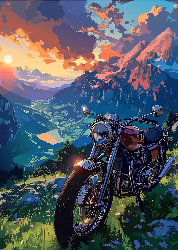 Motorcycle parked in mountain landscape