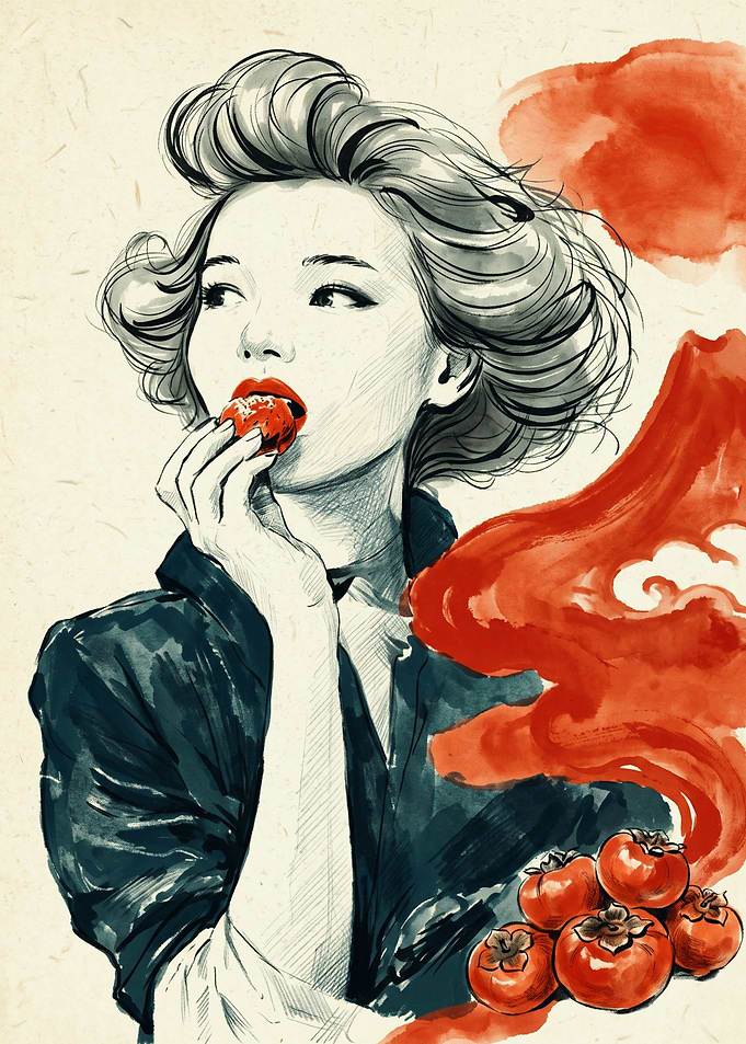 Vintage Woman Eating Persimmon Ink Sketch Red Watercolor Splash Aesthetic Poster Art