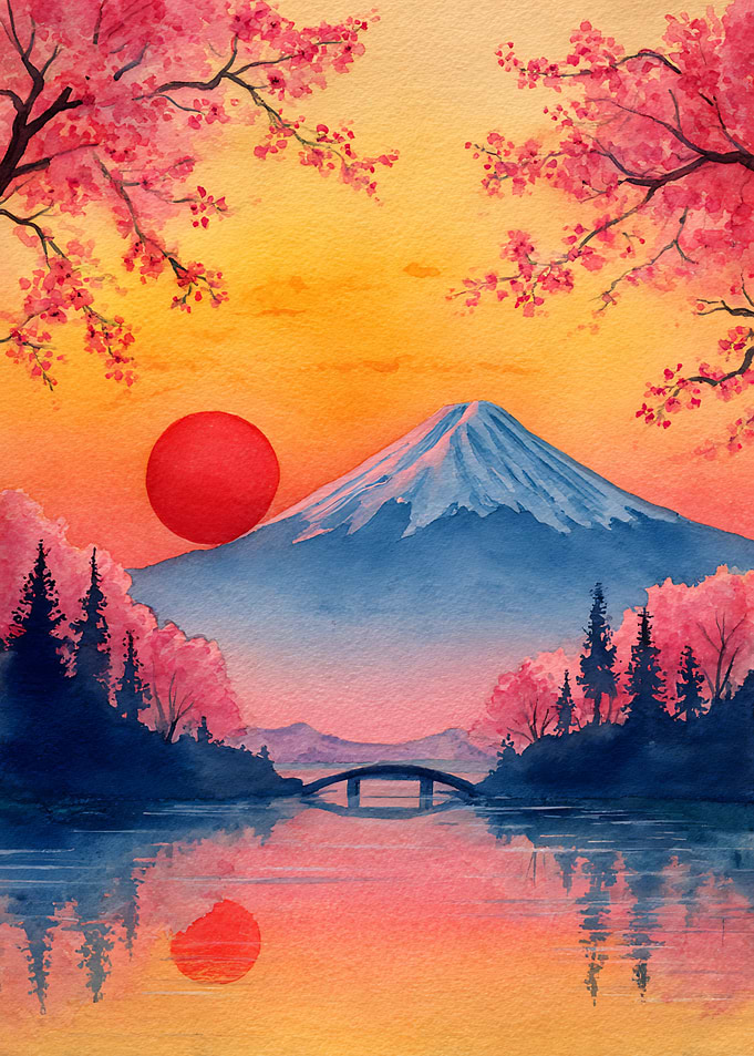 Mount Fuji Sunset with Cherry Blossoms