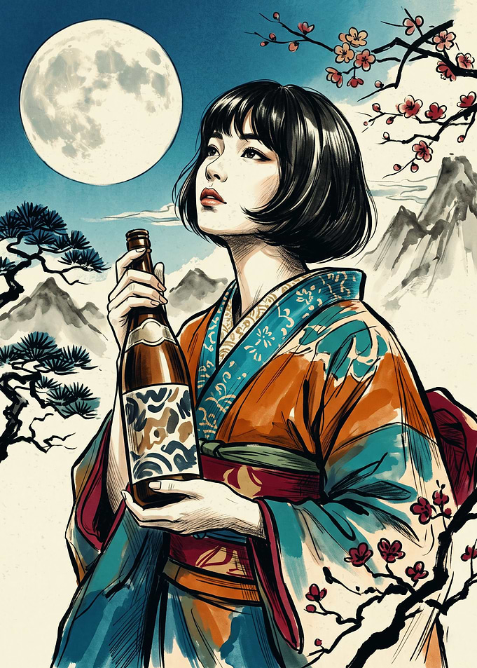 Japanese Girl Kimono Ukiyo E Art Full Moon Cherry Blossom Bottle Night Aesthetic Poster