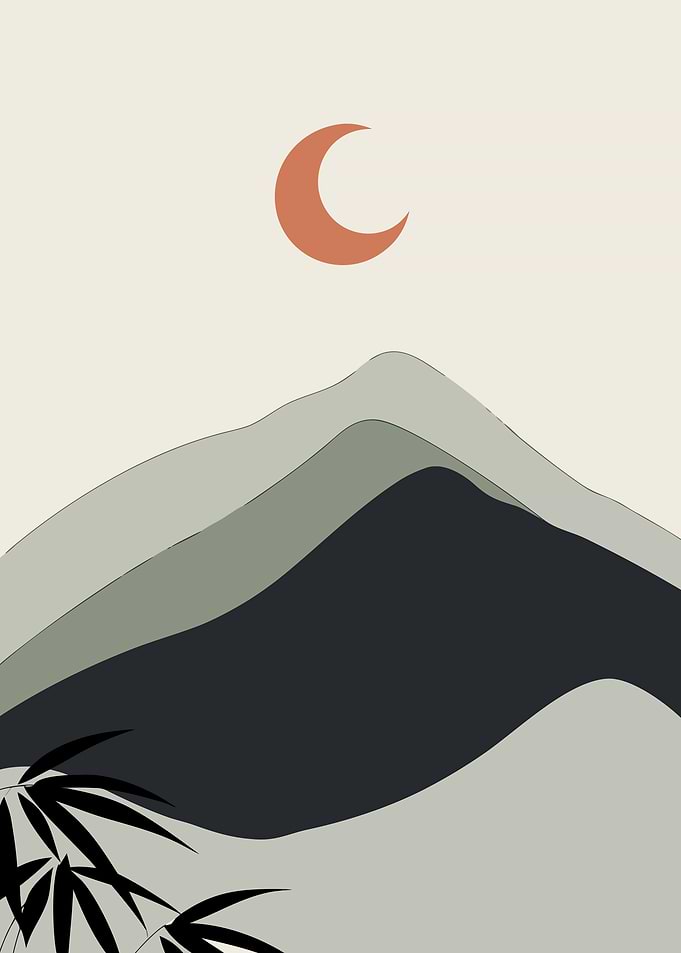 Crescent Moon Over Three Mountains — Japandi Minimalist Japanese Wall Art