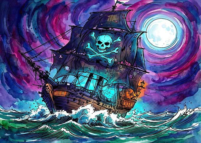 Ghost Pirate Ship Under Full Moon