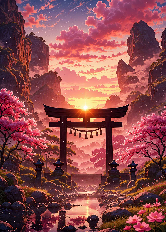 Torii Gate at Sunset in Japan Cherry Blossom Landscape