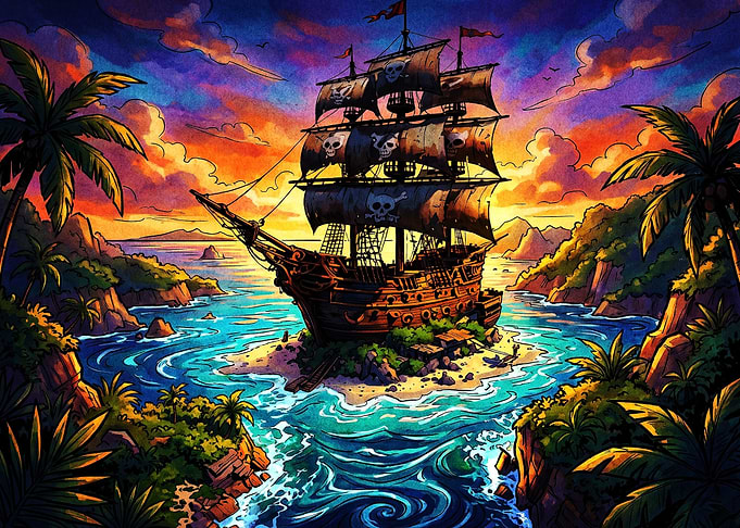 Pirate Ship Anchored at Tropical Island