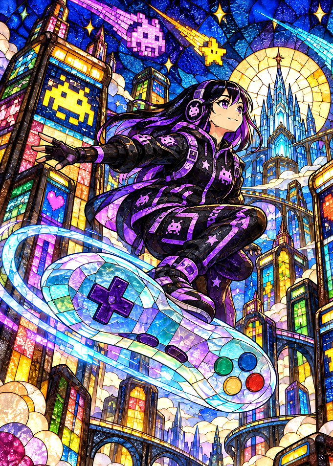 Stained Glass Gamer Girl Fantasy Art