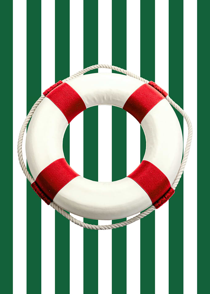 Lifebuoy on Green Striped Background