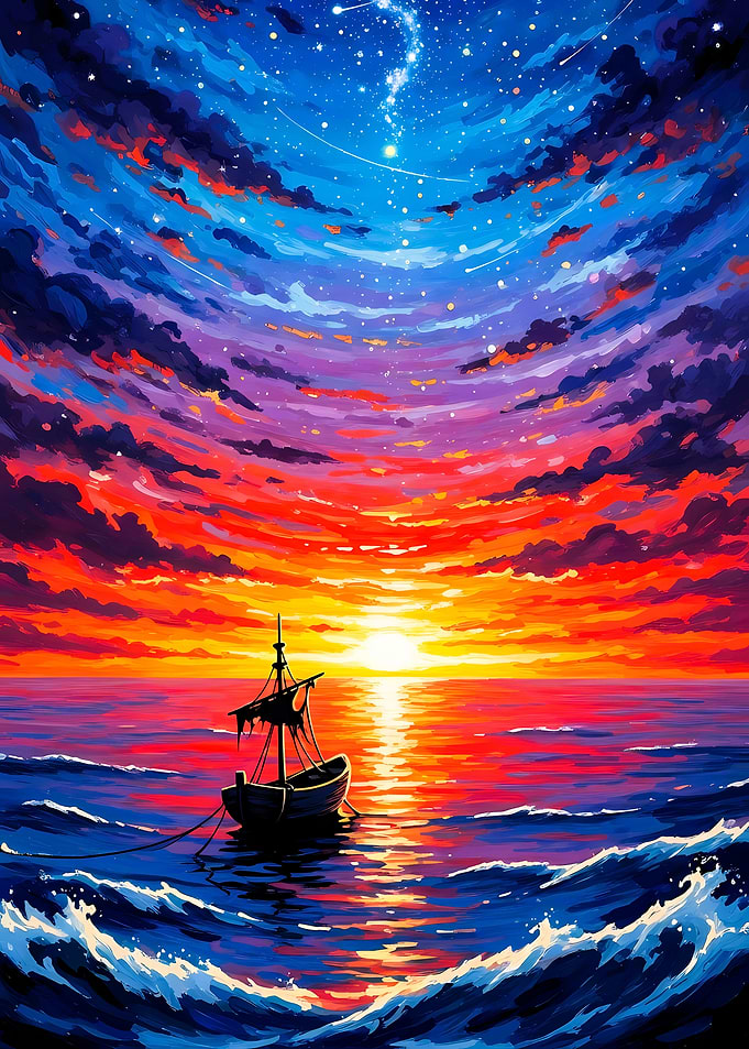 Vibrant Sunset Over Ocean with Boat