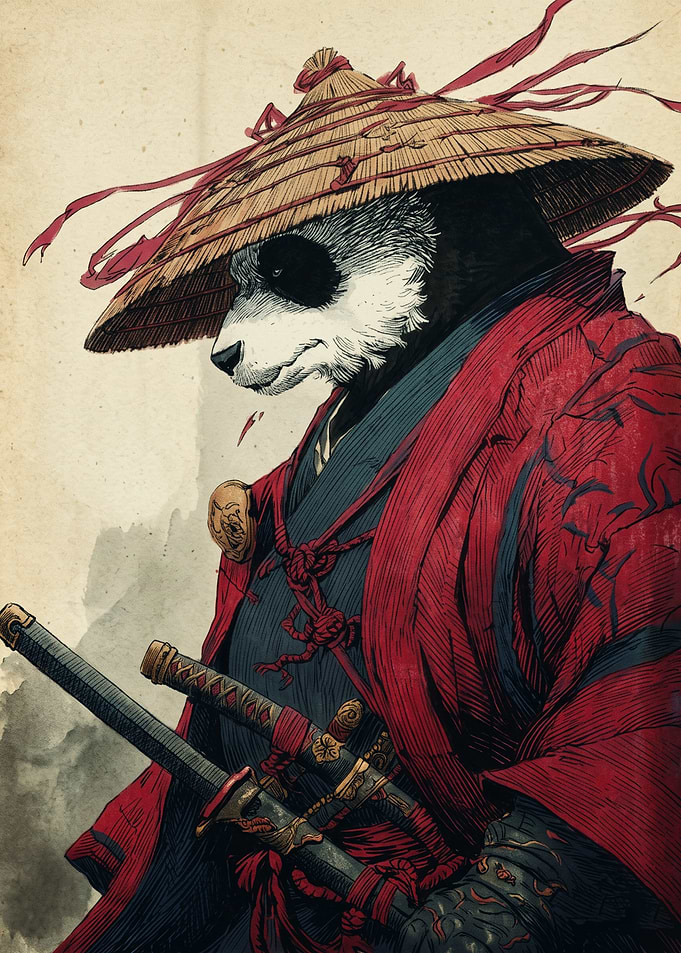 Samurai Panda Japanese Ukiyo E Art Print Red Robe Straw Hat Swords Wall Decor Poster