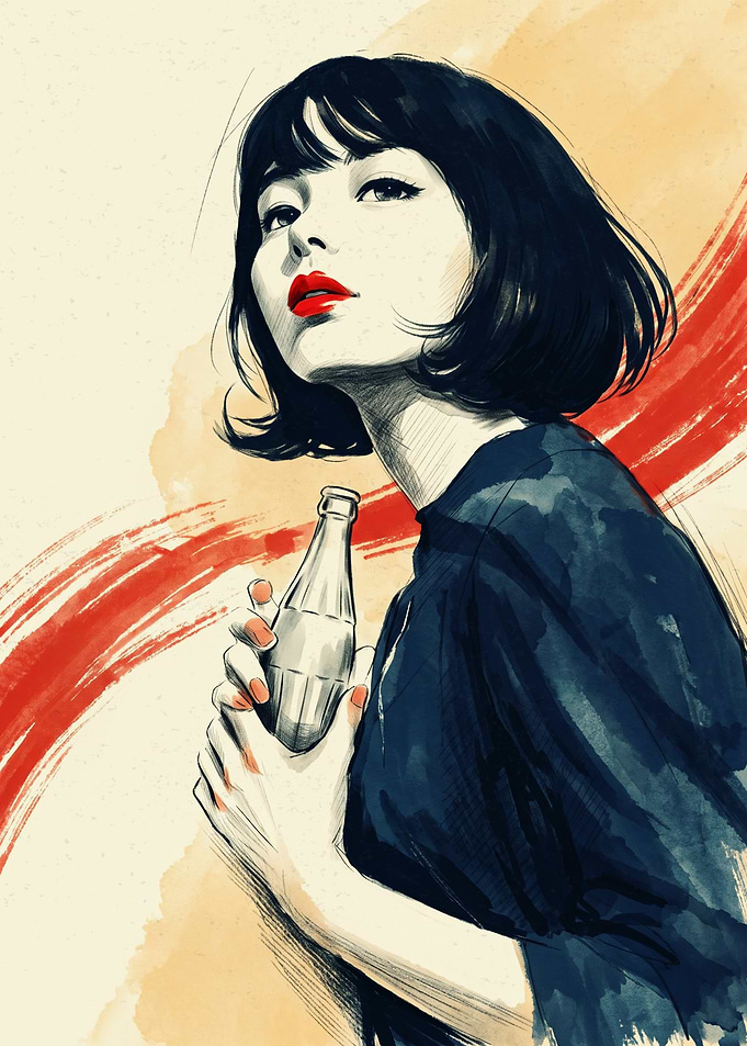 Anime Girl Illustration Retro Japanese Art Print Red Lipstick Bottle Aesthetic Poster
