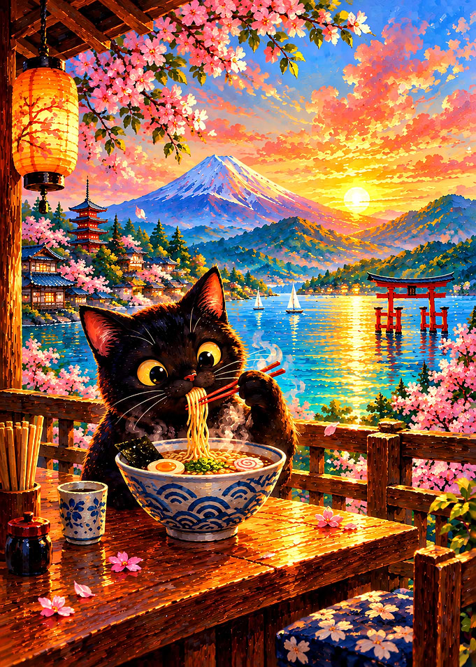 Black Cat Eating Ramen by Mount Fuji