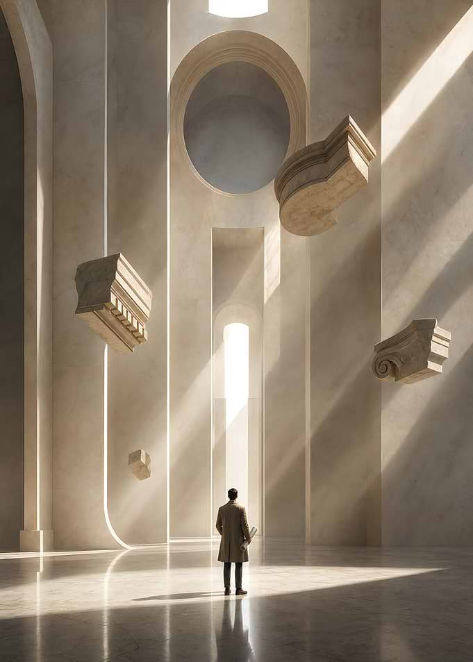 Architect in Surreal Marble Hall