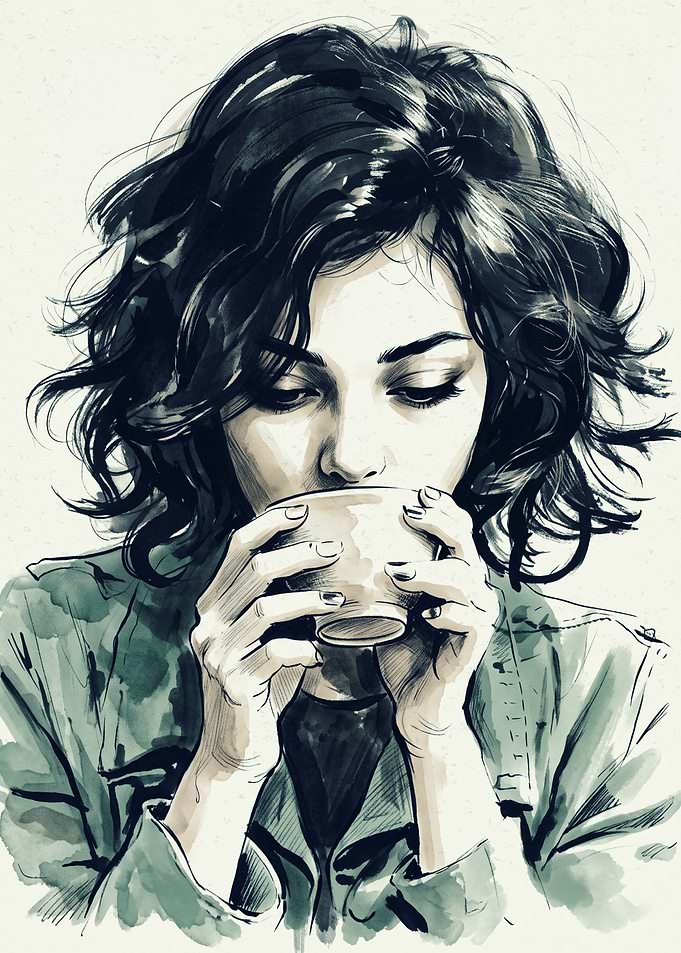 Woman Drinking Coffee Ink Sketch Art Print Vintage Style Grunge Illustration Wall Poster