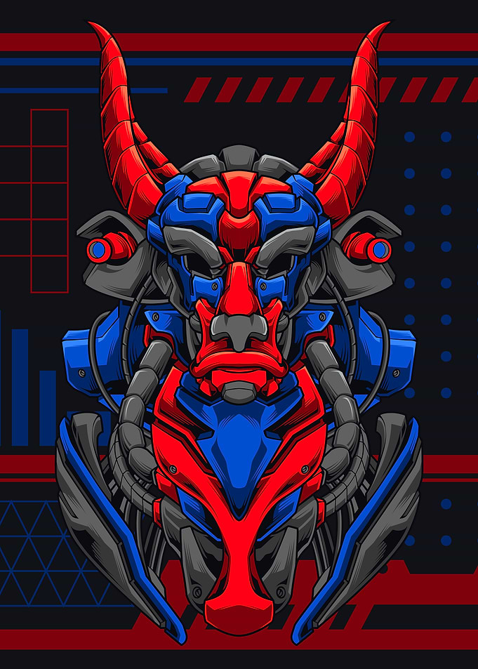 Cybernetic Oni Mask Mecha Warrior