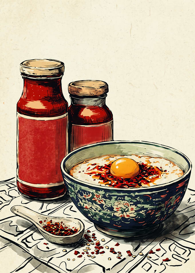 Asian Food Bowl Anime Sketch Art Chili Oil Sauce Bottles Kitchen Dining Room Wall Poster