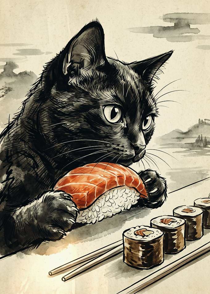 Black Cat Sushi Japanese Ink Wash Painting Art Print Cute Animal Lover Wall Poster