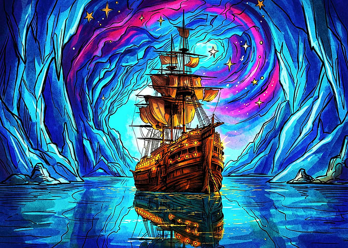 Galleon Sailing Through Cosmic Ice Cave