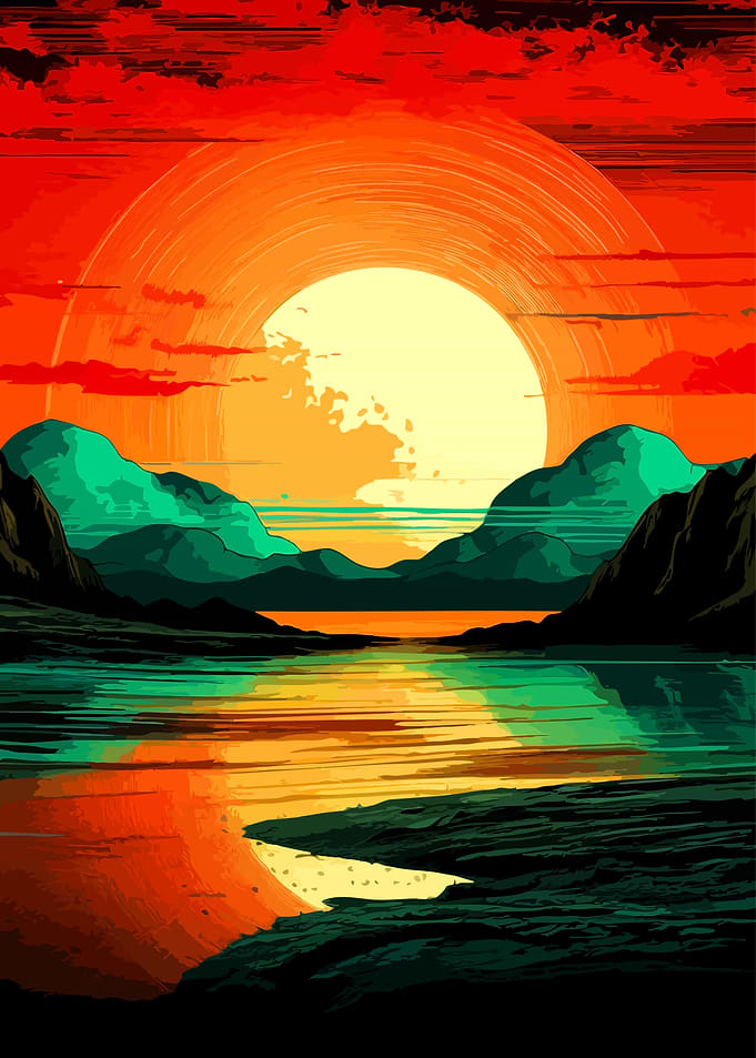Vibrant Sunset Over Mountain Lake