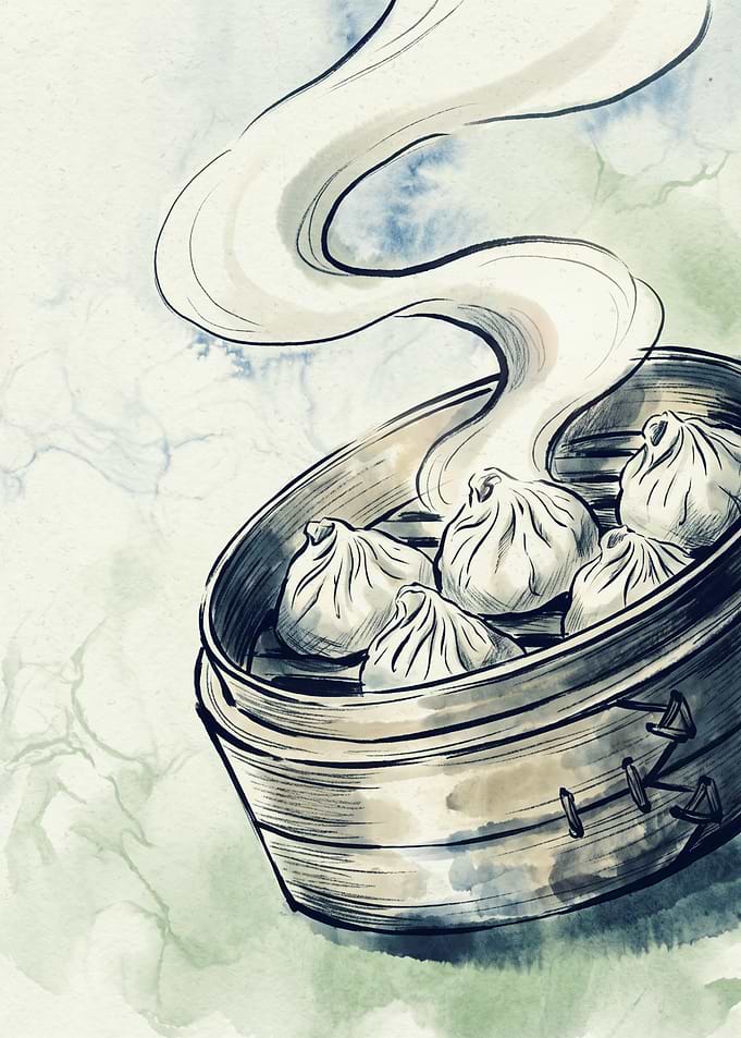 Steamed Dumplings Food Art Watercolor Asian Cuisine Kitchen Wall Decor Poster Print