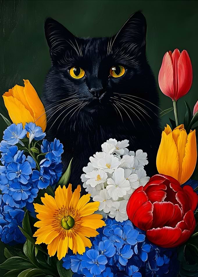 Black Cat Surrounded by Vibrant Flowers