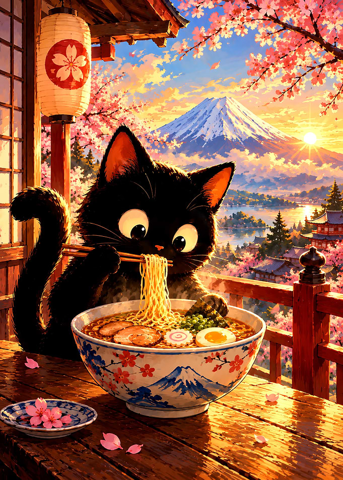 Black Cat Eating Ramen by Fuji