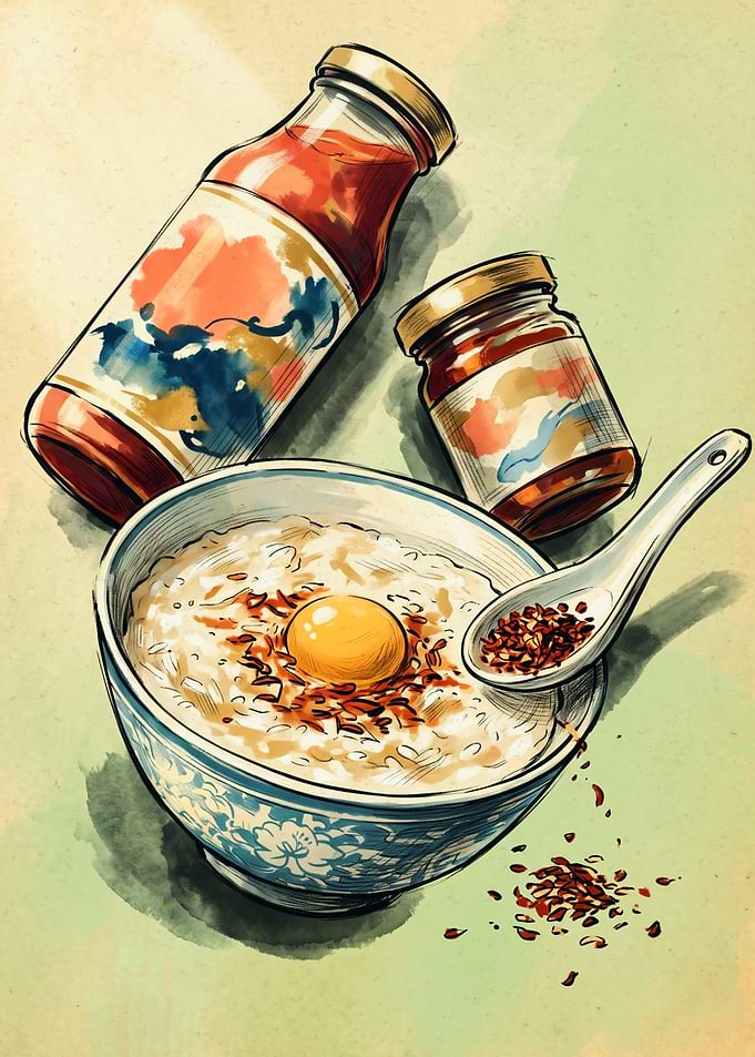 Asian Rice Bowl Food Watercolor Art Chili Oil Sauce Spoon Kitchen Wall Decor Poster