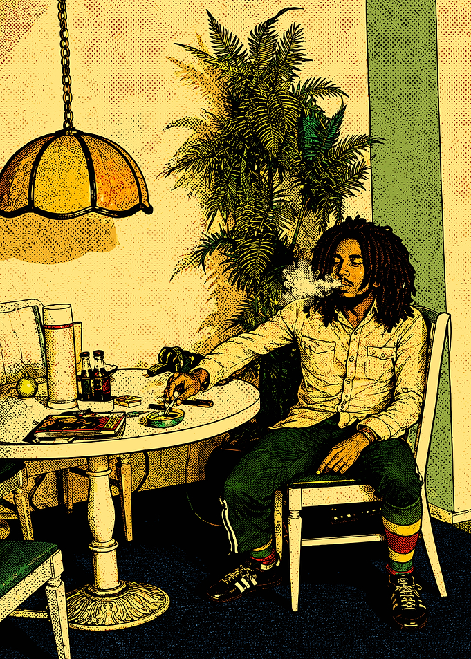 Bob Marley Smoking at Table Illustration