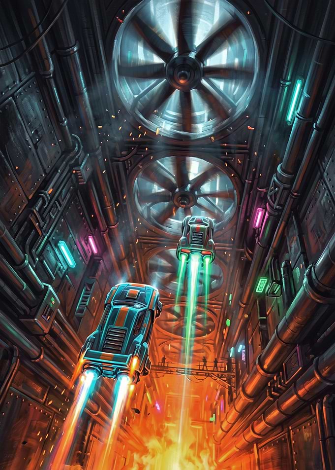 Futuristic Flying Cars in Industrial Tunnel