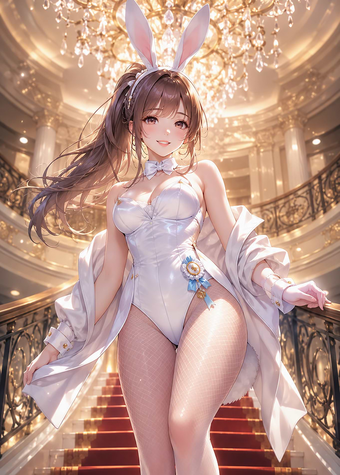 Elegant Anime Bunny Girl on Staircase