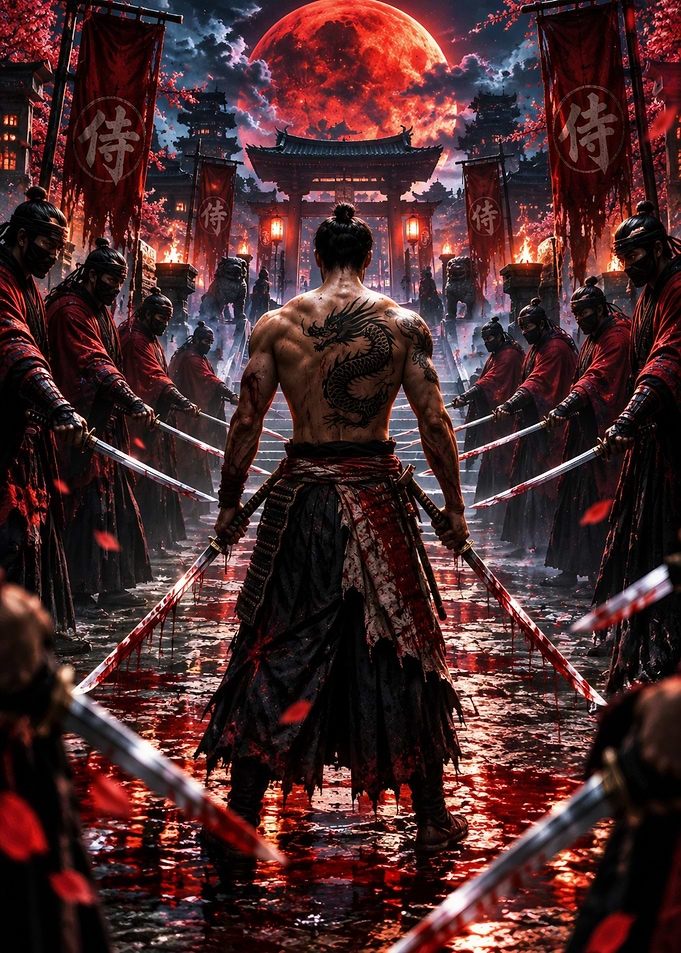 Samurai Warrior Facing Blood Moon Army