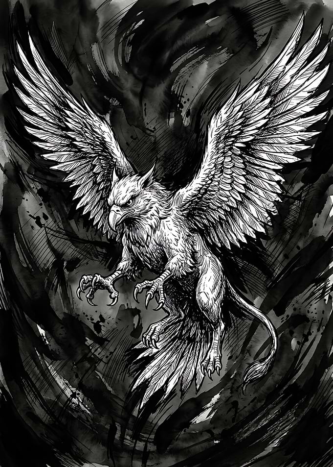 Griffin in Flight Ink Illustration