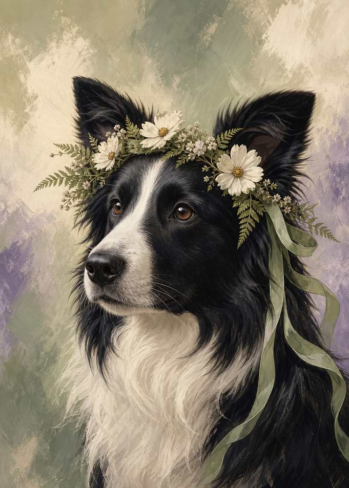 Border Collie Wall Art — Boho Flower Crown Portrait