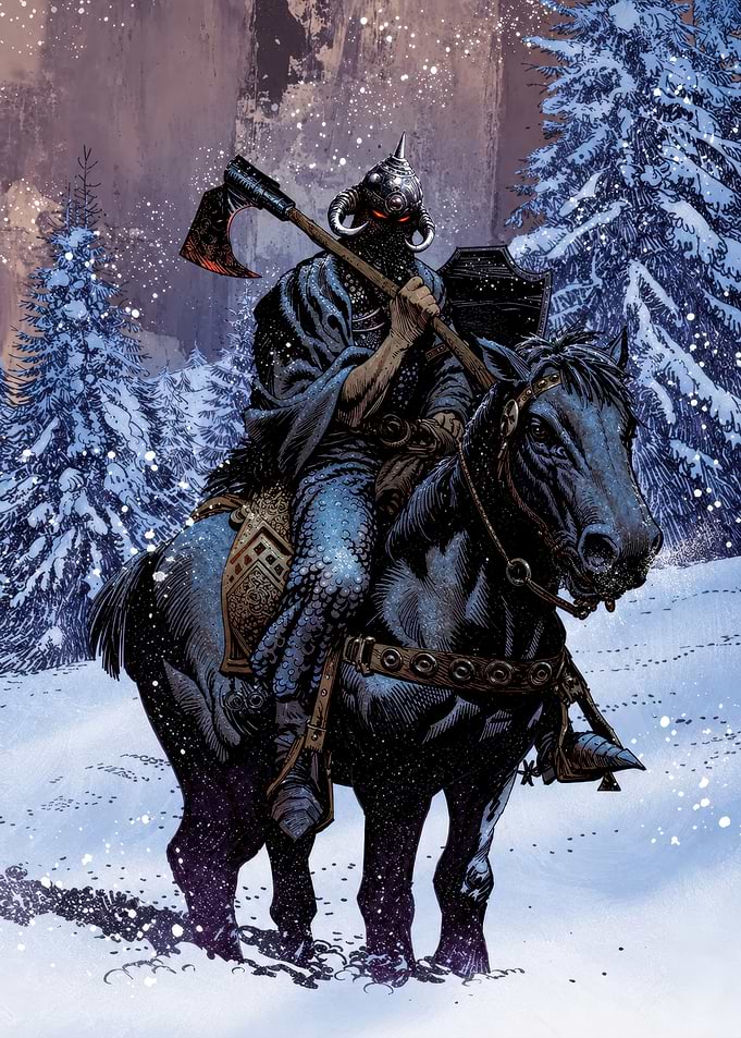 Dark Knight Riding Through Winter Forest