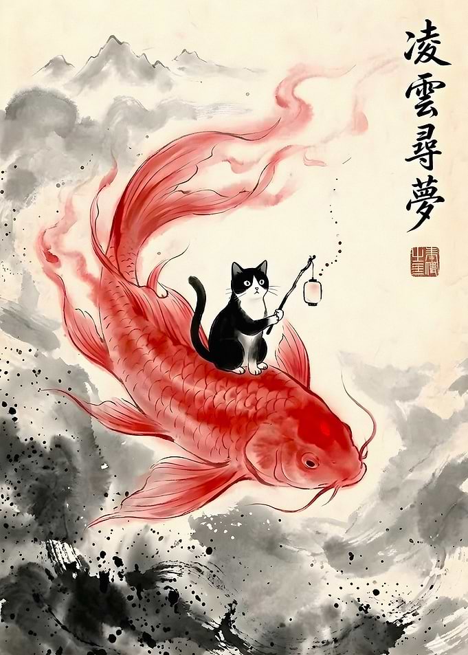 Cat Riding Giant Koi Fish