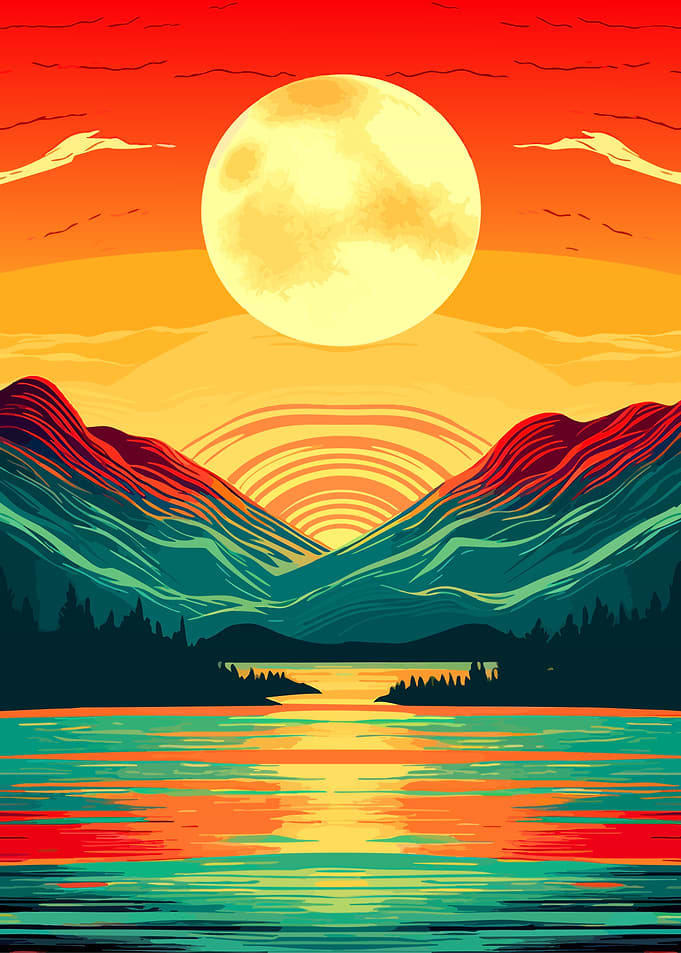 Vibrant Sunset Over Mountain Lake
