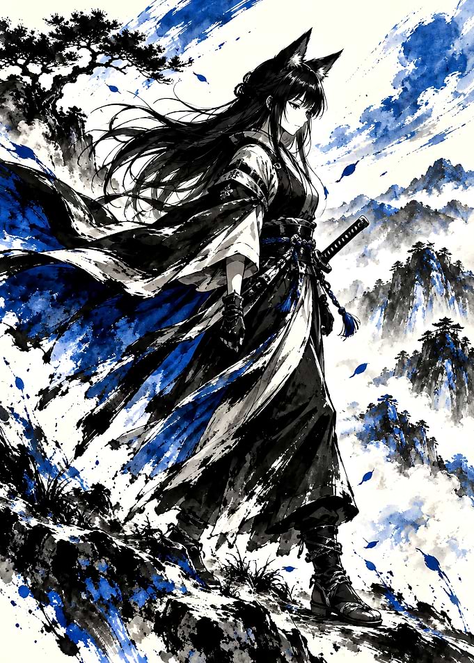 Ink Wash Style Fox Girl Samurai