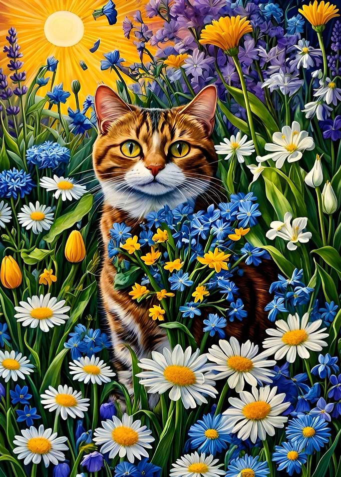 Tabby Cat in Sunny Flower Field